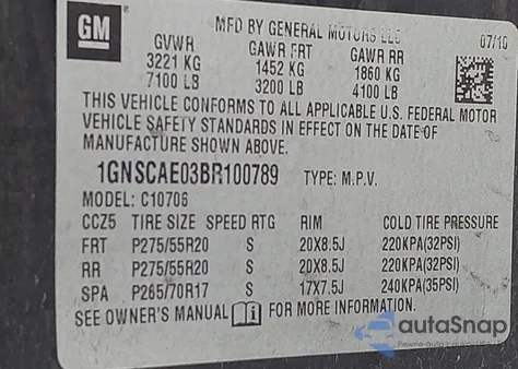 2011 Chevrolet Tahoe Ls из США, поврежденный, VIN 1GNSCAE03BR100789